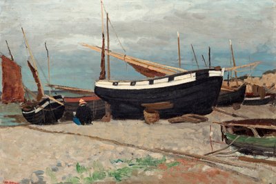 Boats on the shore, coastal scene from the north of France by Carl Skånberg